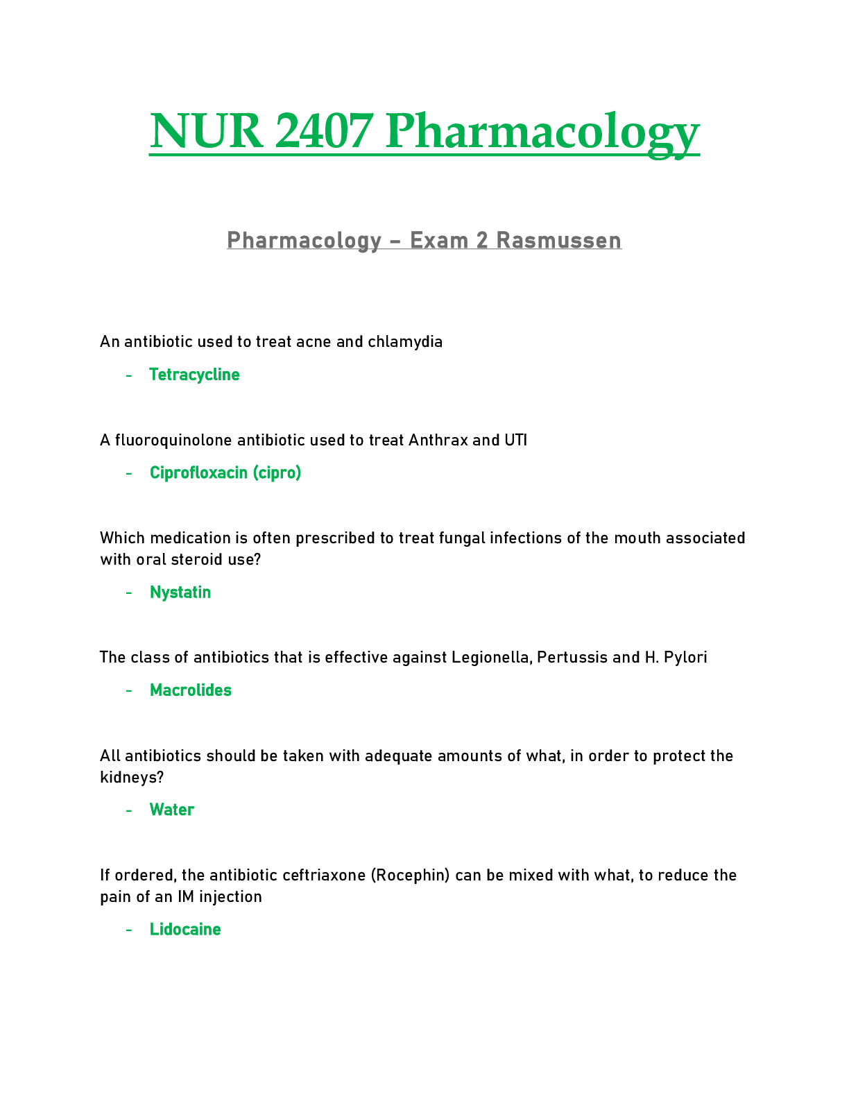 NUR2407 / NUR 2407 Exam 2 Updated: Pharmacology - Rasmussen